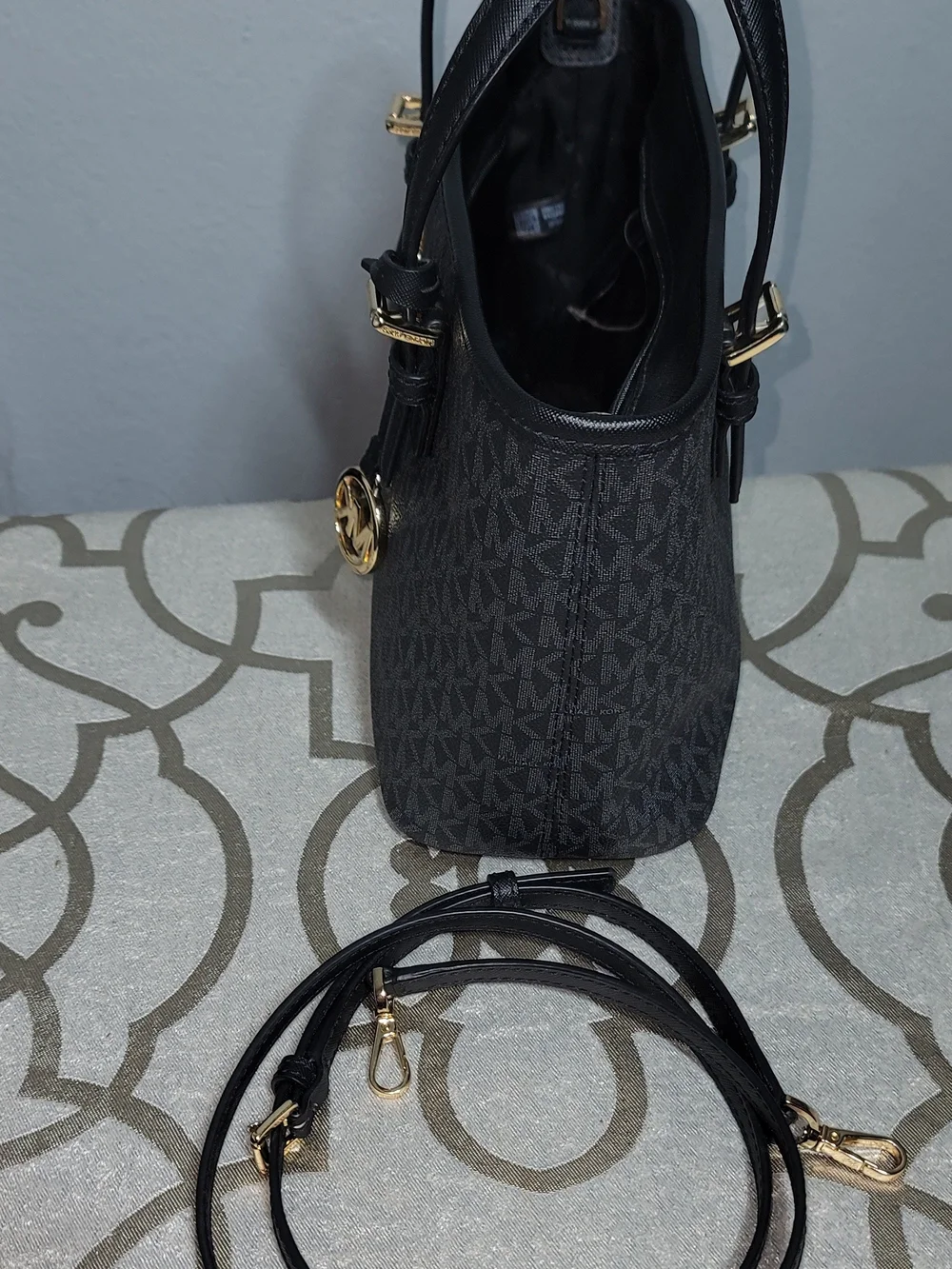 Michael Kors Black MK Logo Tote with Gold Accent Charm - Picture 6 of 7